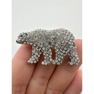 Silver tone clear rhinestone polar bear brooch pin